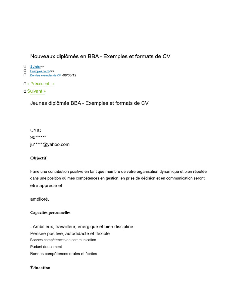 CV pour diplômés BBA : Exemples et formats | PDF | Informatique