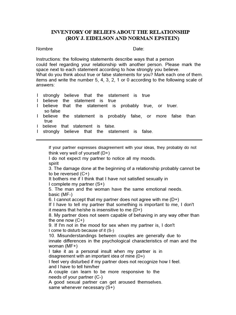 Inventory of Relationship Beliefs Test | PDF | Mood (Psychology ...