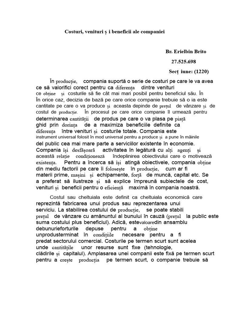 Eseu Despre Costuri, Venituri Și Beneficii Ale Companiei. | PDF