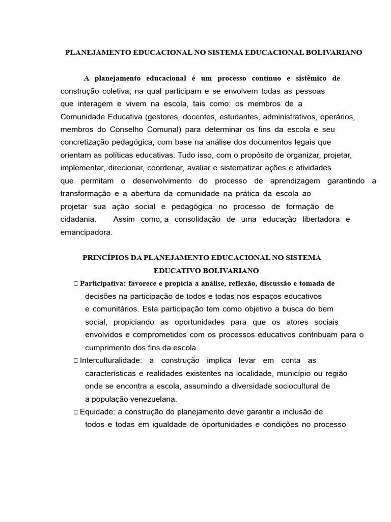 Planejamento Educacional Bolivariano | PDF | Aprendizado | Pedagogia