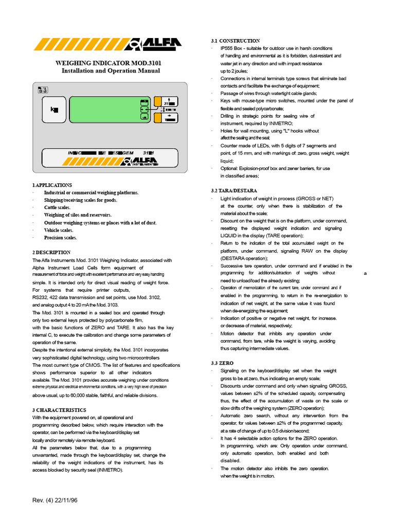 Mod. 3101 Weighing Indicator Manual | PDF | Filter (Signal Processing ...