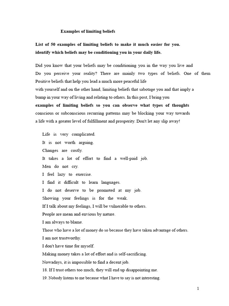 50 Limiting Beliefs That Hold You Back | PDF | Social Psychology ...