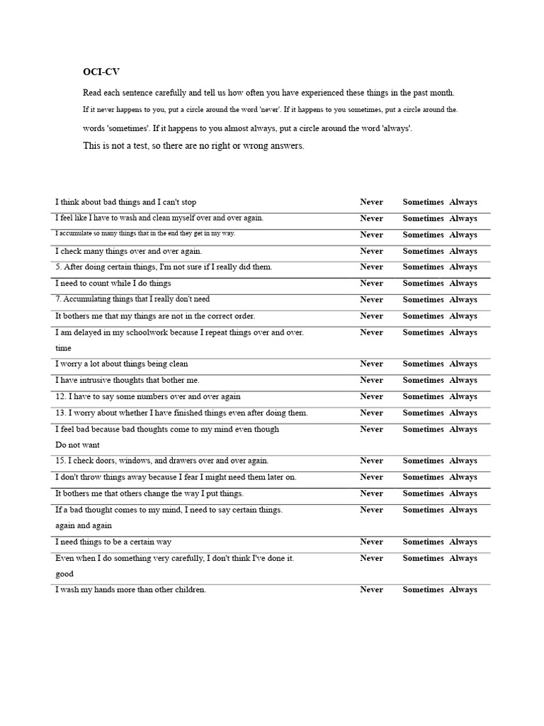 OCI-CV Assessment Questionnaire | PDF | Thought