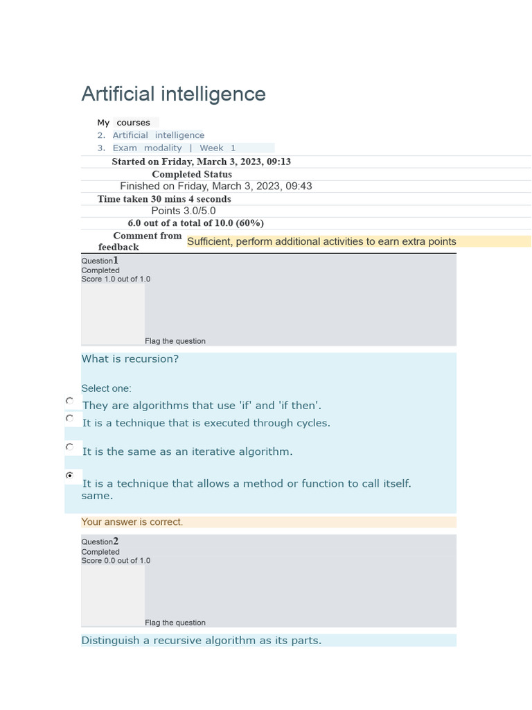 Week 1 Exam Artificial Intelligence | PDF