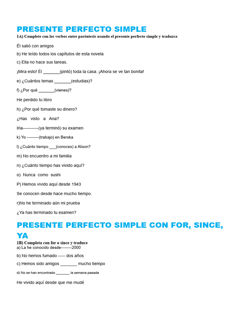 Ejercicios de Presente Perfecto en Inglés | PDF