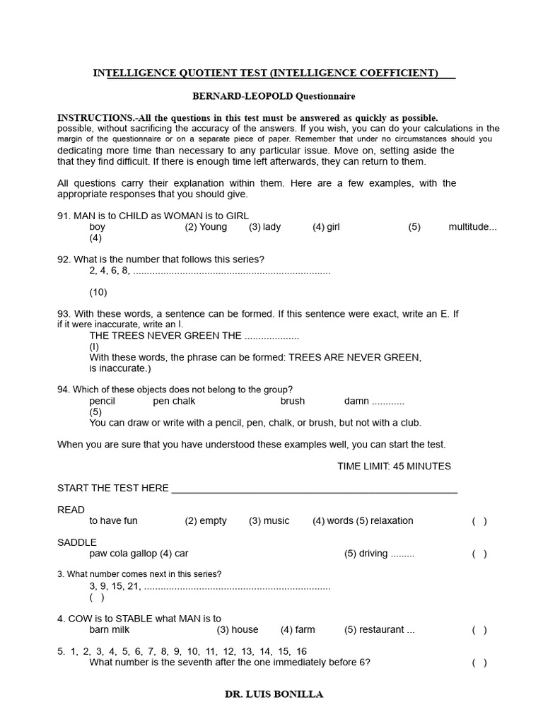 Intelligence Quotient Test Instructions | PDF | Intelligence ...