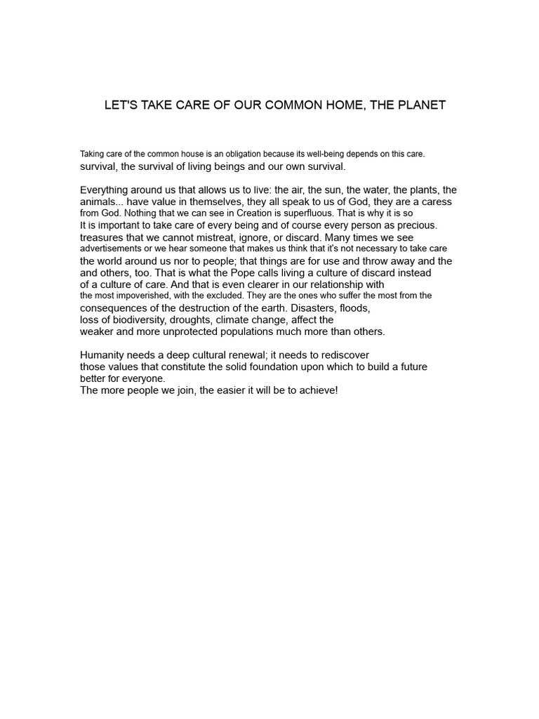 Let's Take Care of Our Common Home | PDF
