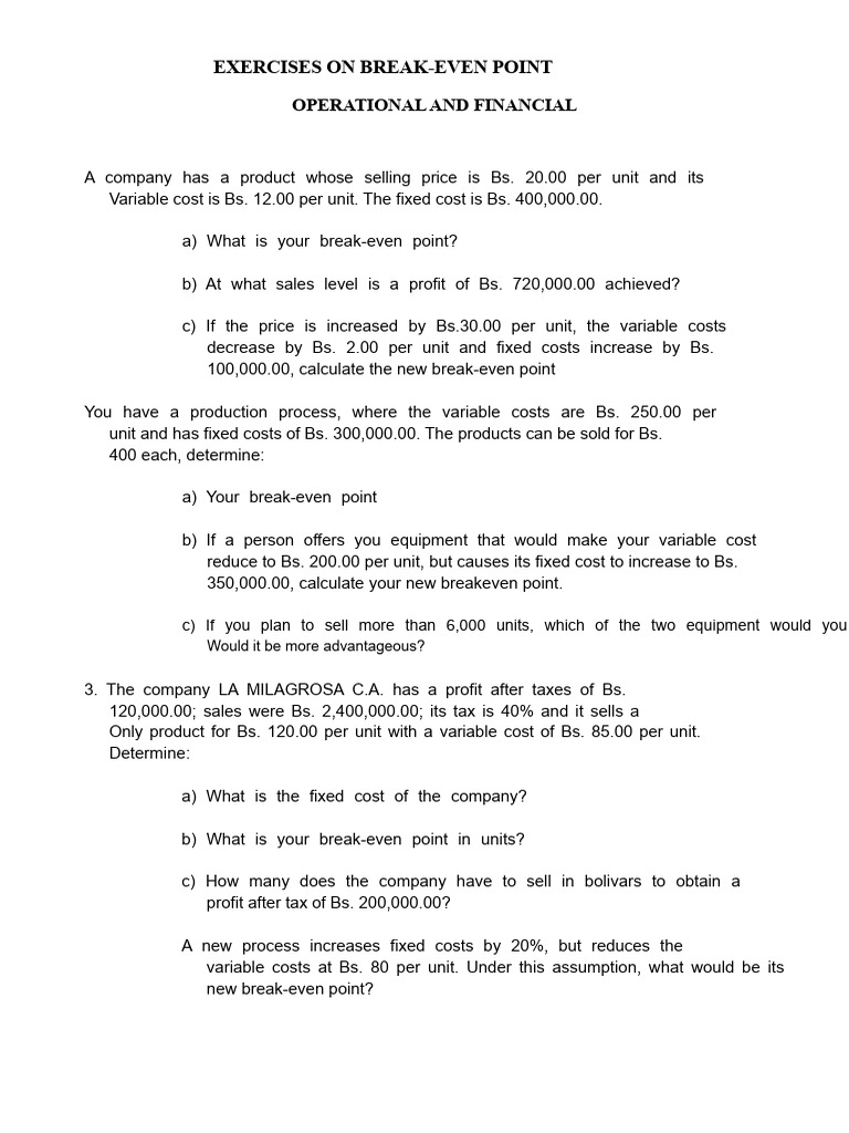 Break-Even Point Exercises and Calculations | PDF | Investing ...