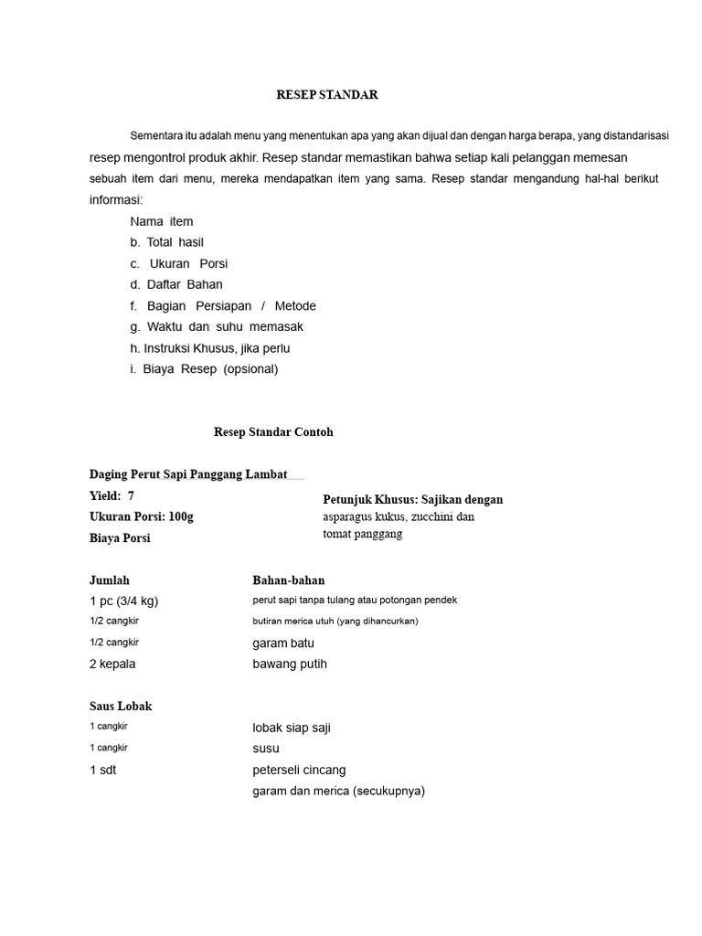 Panduan Resep Standar untuk Dapur | PDF