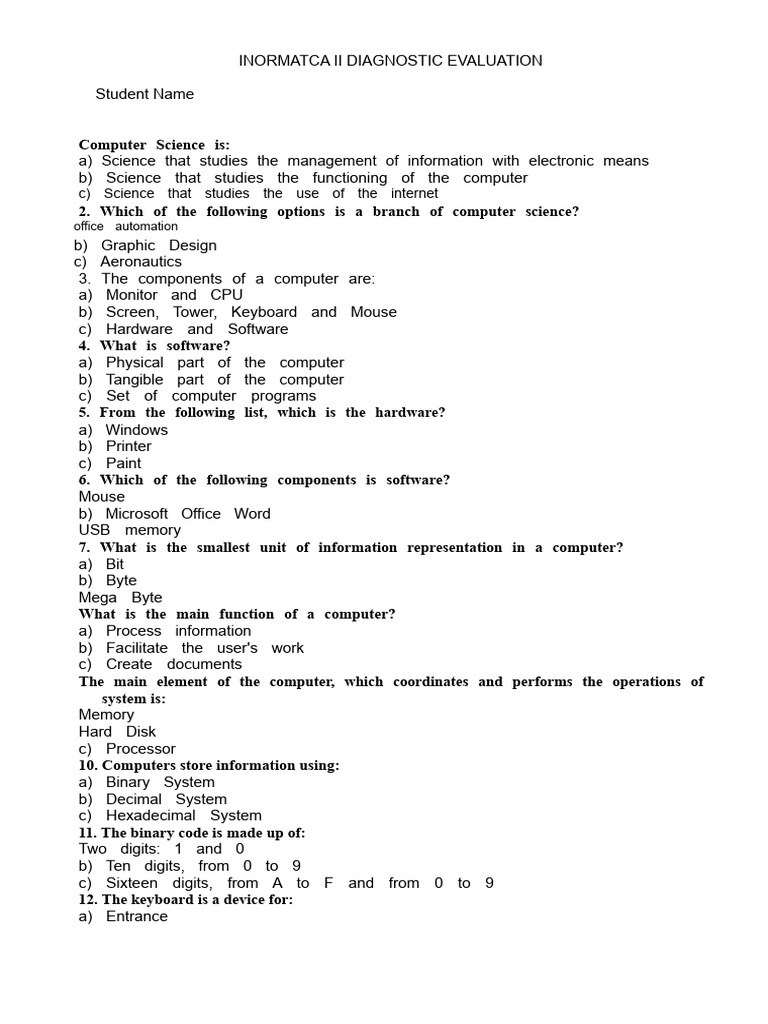 Computer Science Diagnostic Evaluation | PDF