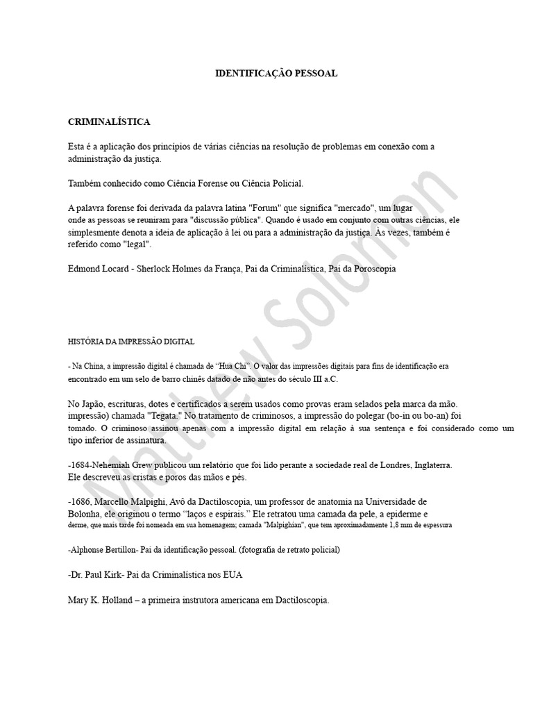História da Impressão Digital Humana | PDF | Impressão digital | Pele