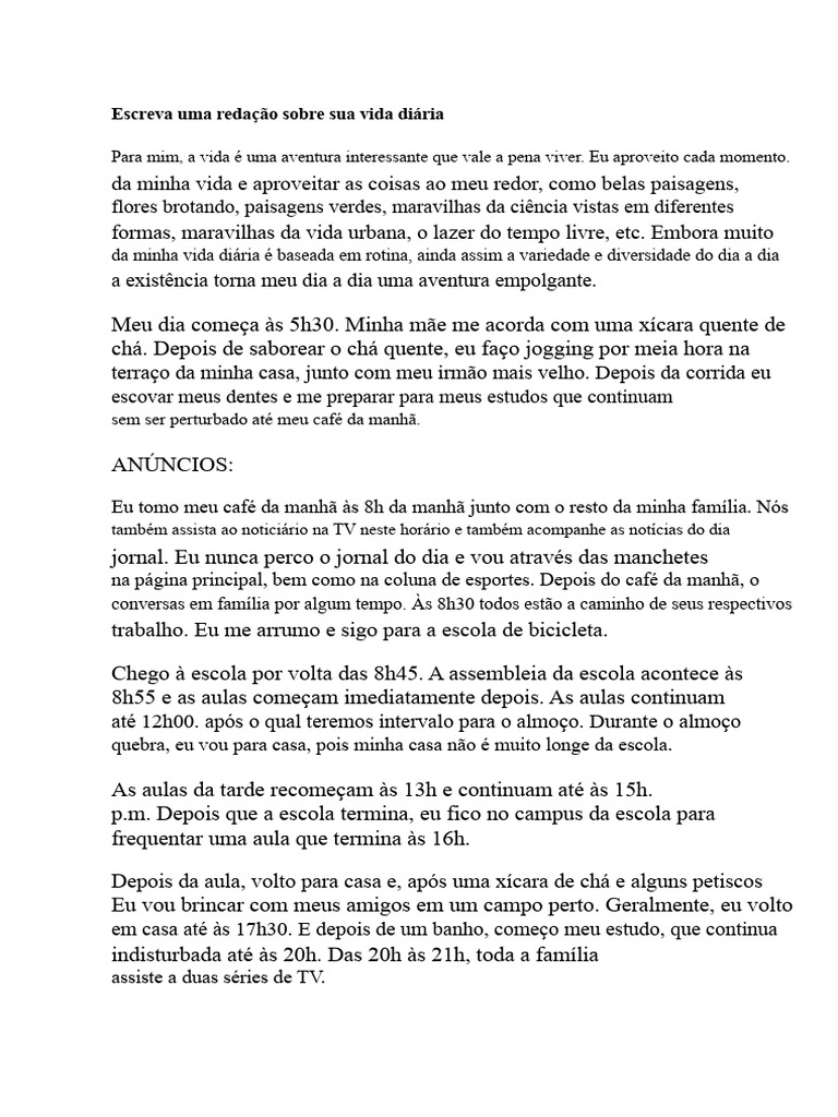 Escreva Uma Redação Sobre Sua Vida Diária | PDF