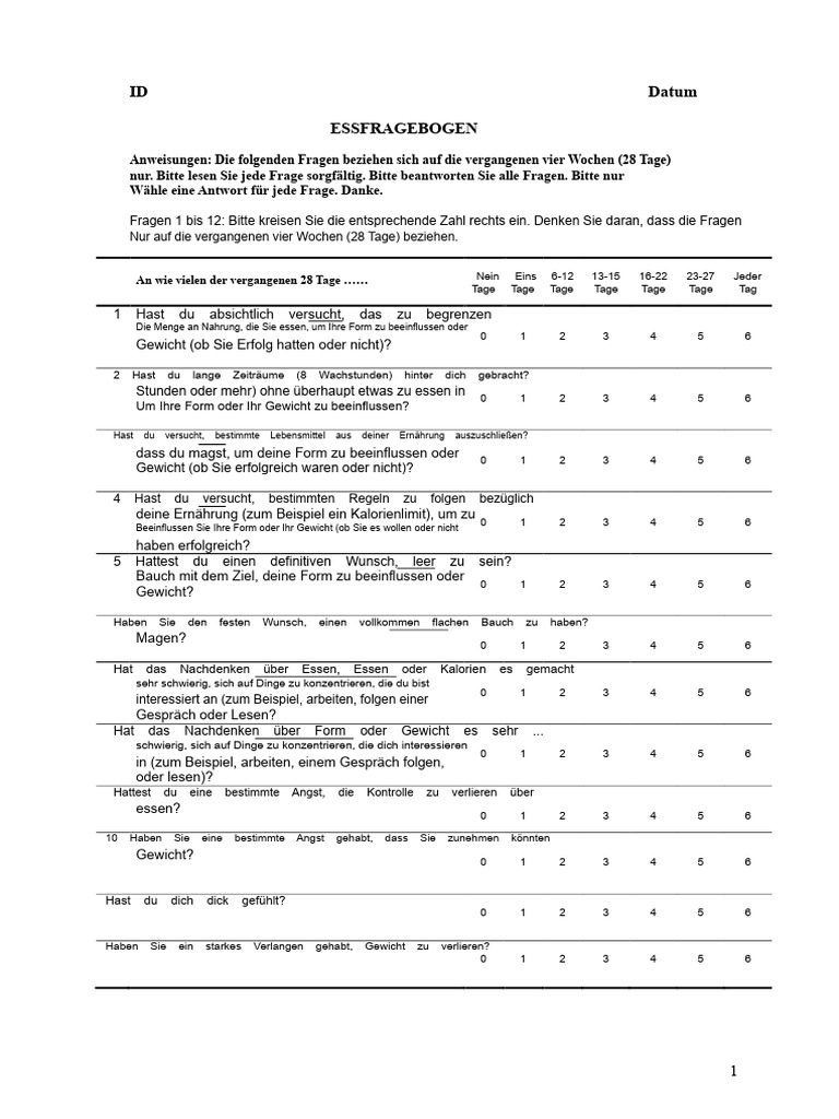 Eating Disorder Examination Fragebogen EDE Q PDF | PDF
