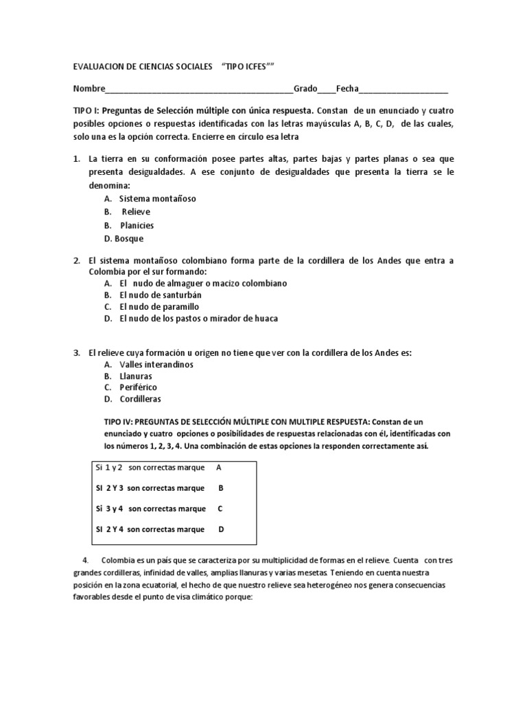 Resultado de imagen para evaluaciones sobre relieve de colombia