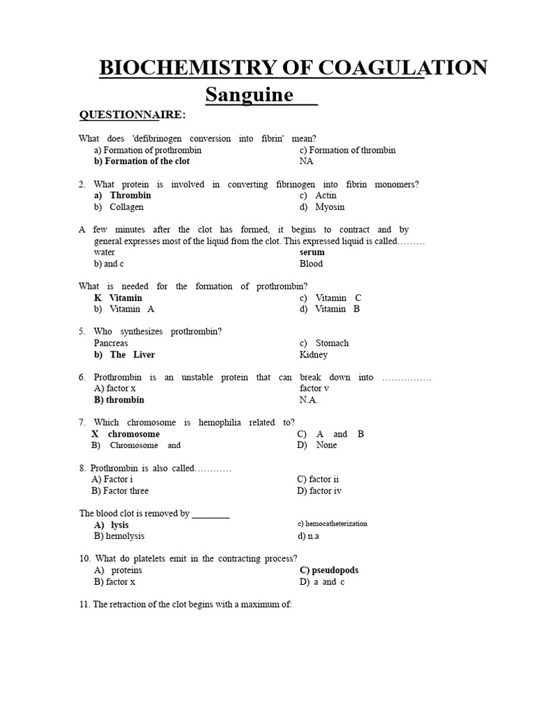 Coagulation Biochemistry Questionnaire | PDF | Coagulation | Blood