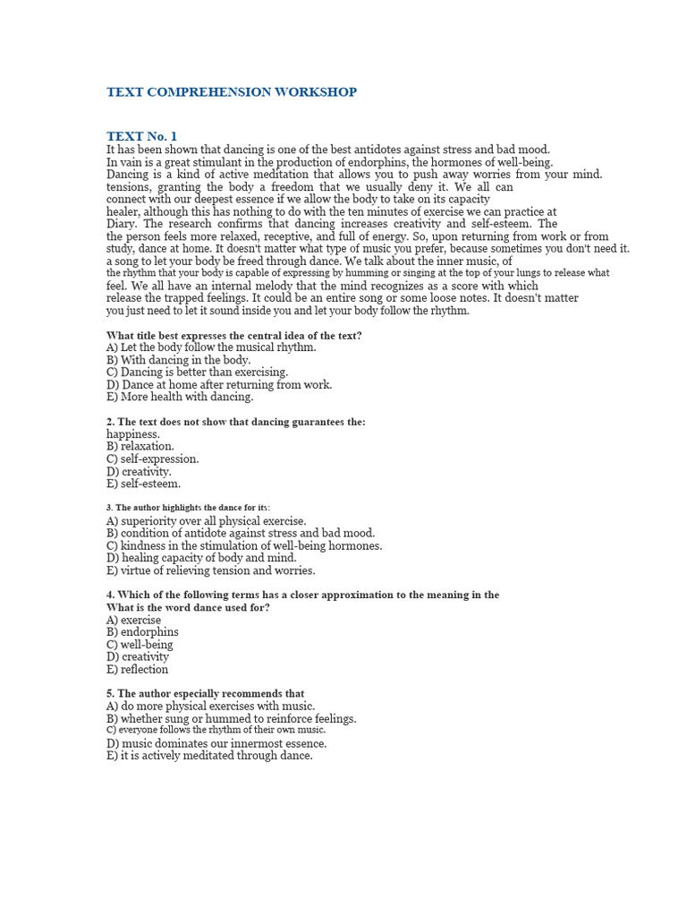 2 Reading Comprehension Workshop Pdf Well Being Dances