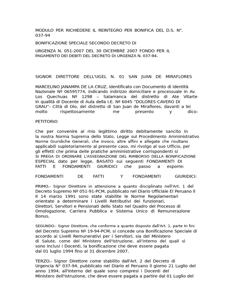 Modello Per Richiedere Il Rimborso Per Bonus Del D | PDF