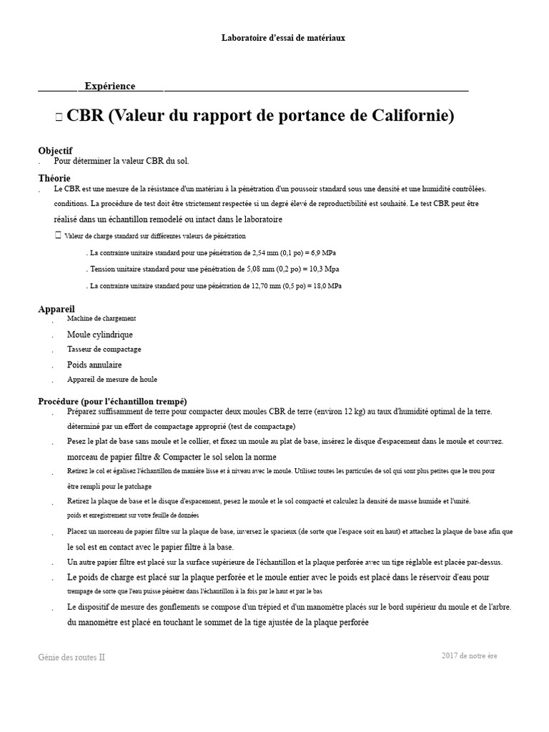 Test CBR : Méthodologie et Calculs | PDF | mesure de pression | Papier