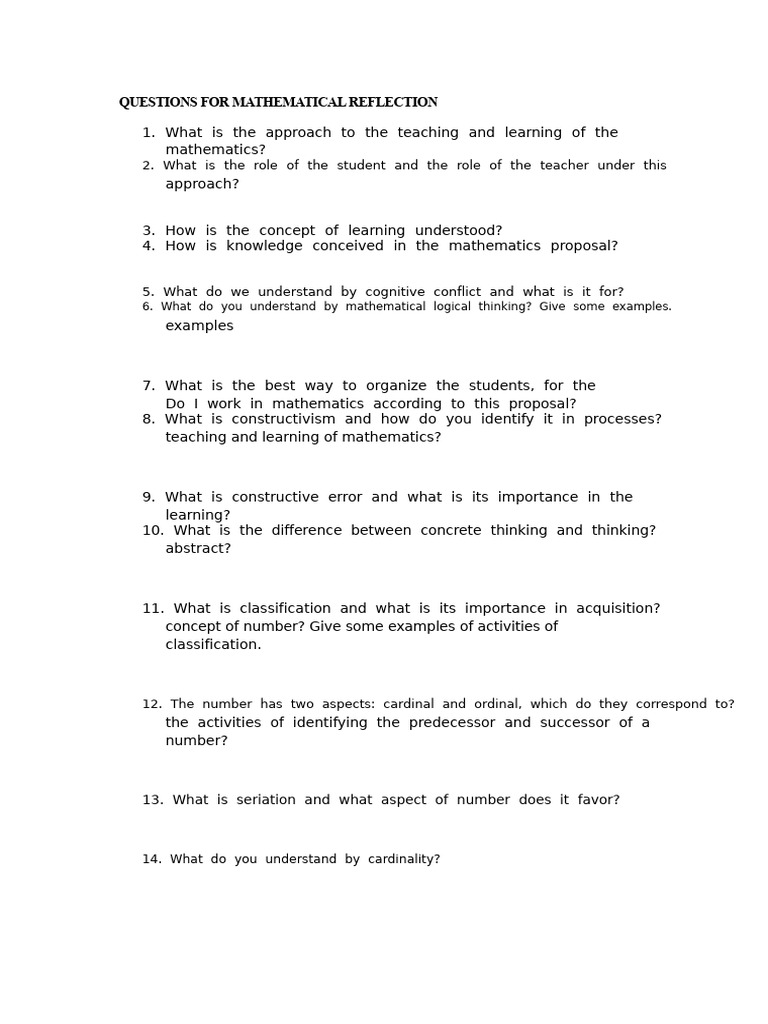 Questions for Reflecting on Mathematics in Primary School | PDF ...