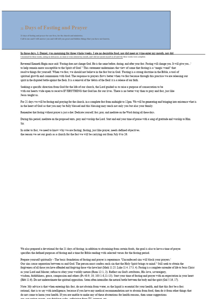 21 Days of Fasting and Prayer Guide | PDF | Prayer | Confession (Religion)