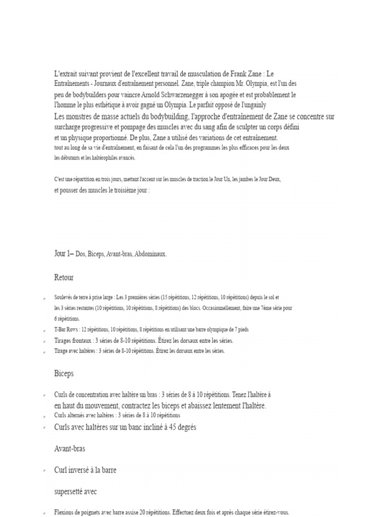 Frank Zane Routine D Entrainement | PDF | Musculation | Musculation