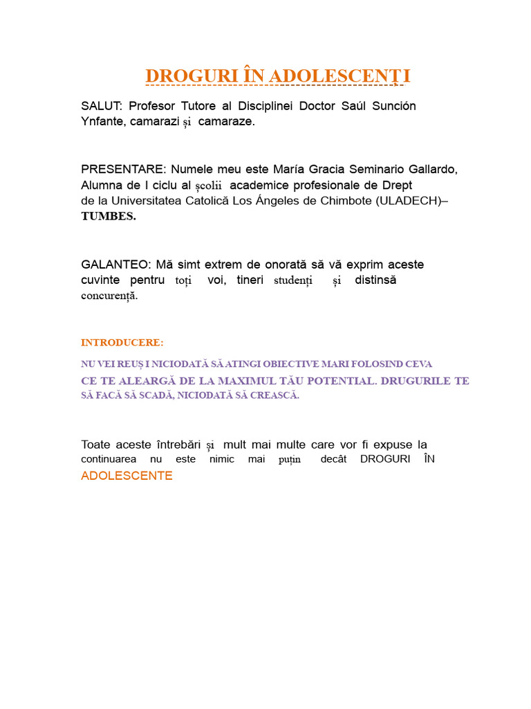 Discurs Despre Droguri În Rândul Adolescenților | PDF