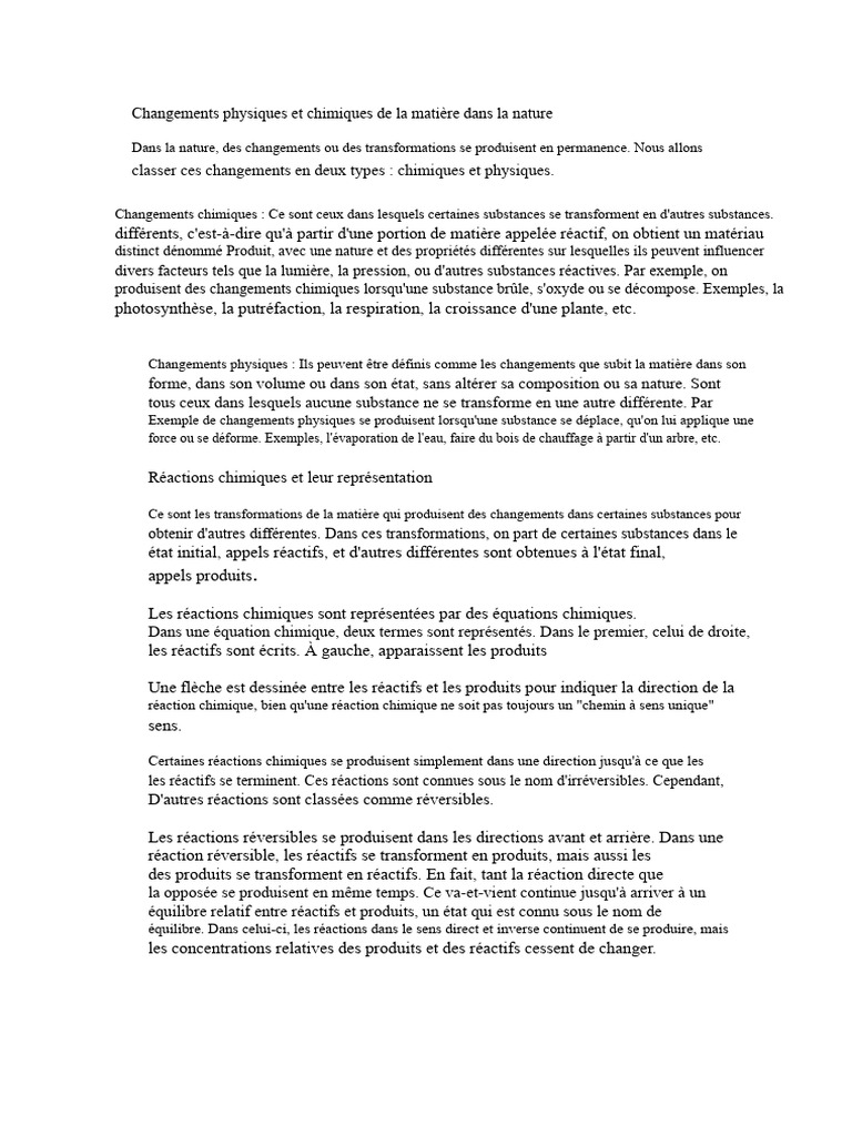 Changements chimiques et physiques de la matière | PDF | Réactions ...