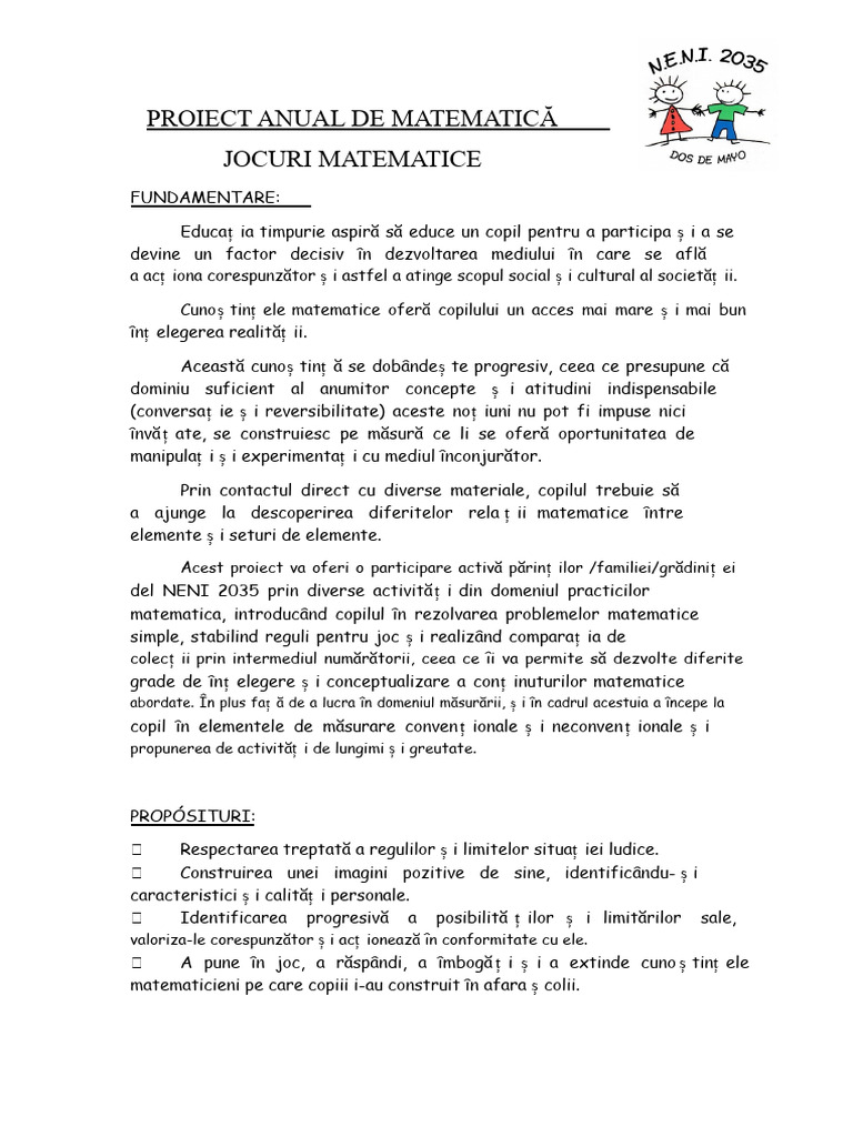 Proiect Matematică Sala de 5 Ani 2024 | PDF