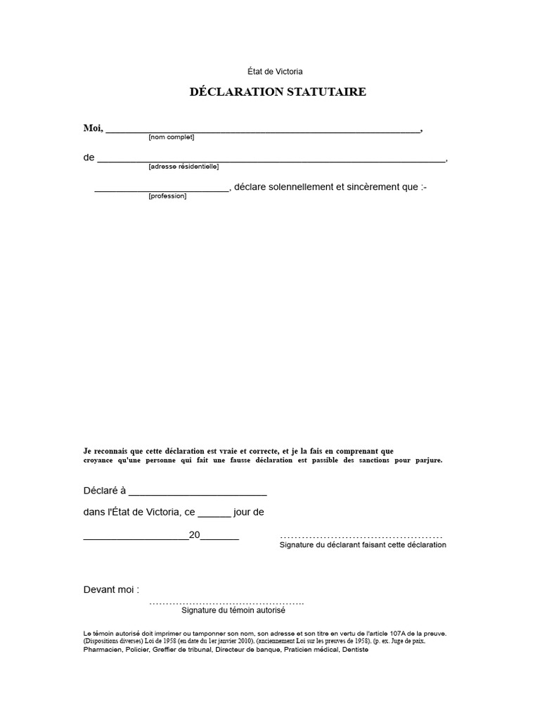 Modèle de Déclaration Statutaire Victoria | PDF