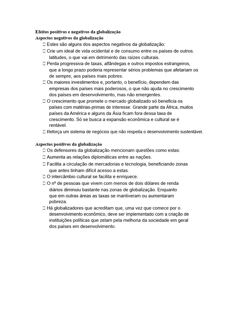 Aspectos Negativos da Globalização | PDF | Globalização | Economia