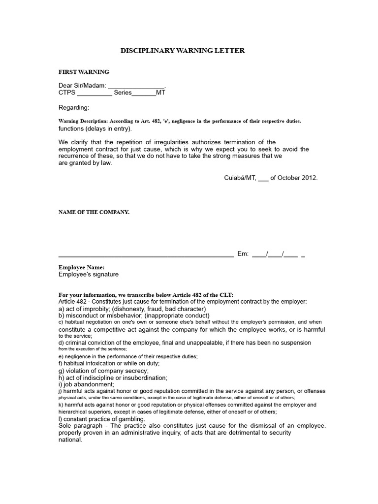 Disciplinary Warning Letter Template | PDF