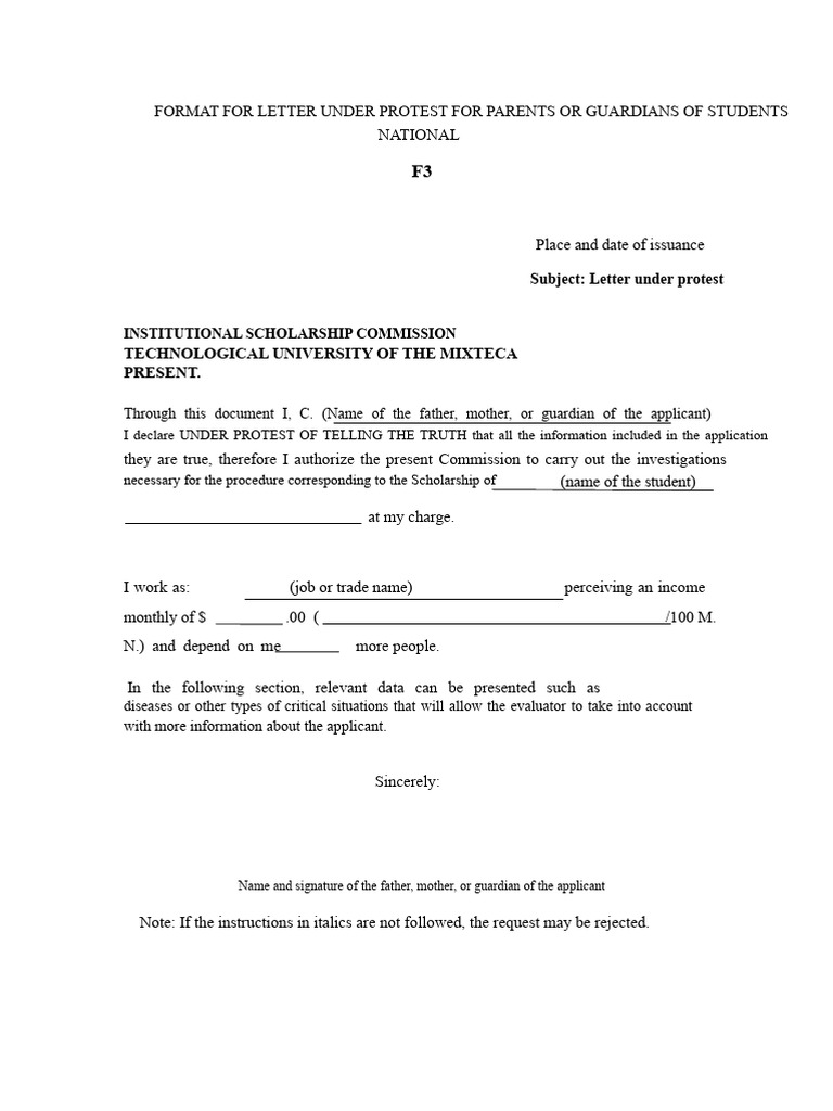Letter Under Protest for Scholarship Application | PDF