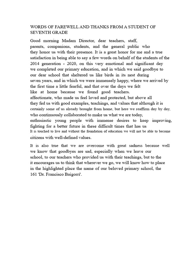 Words of Farewell. Seventh Grade Student | PDF