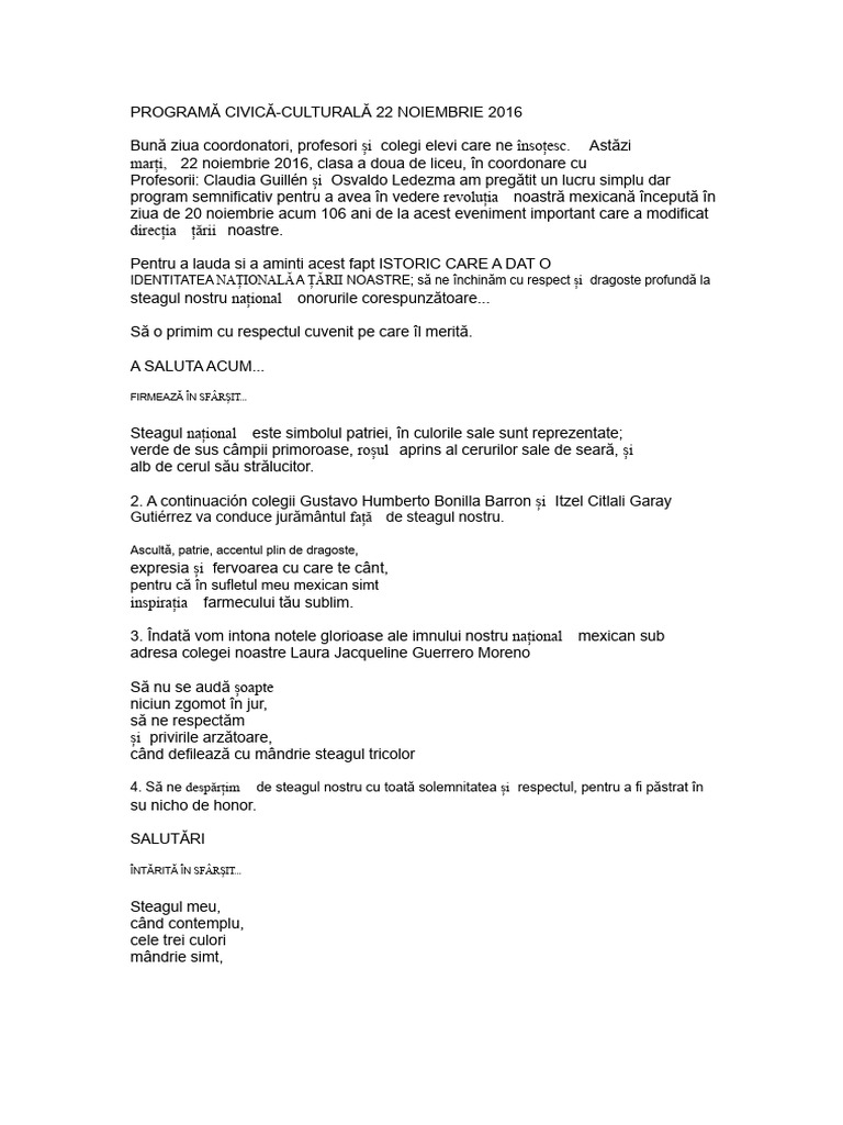 PROGRAM CIVIC Onoare Noiembrie | PDF