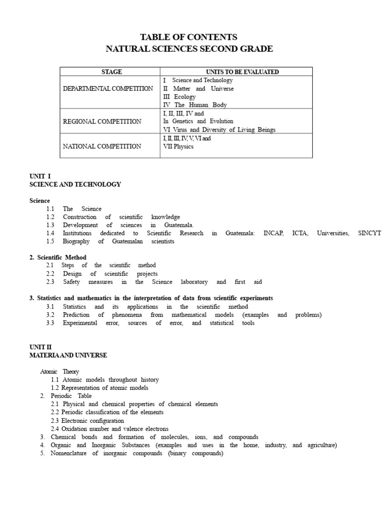 Table of Contents Natural Sciences 2nd Grade | PDF | Human Body | Ecosystem