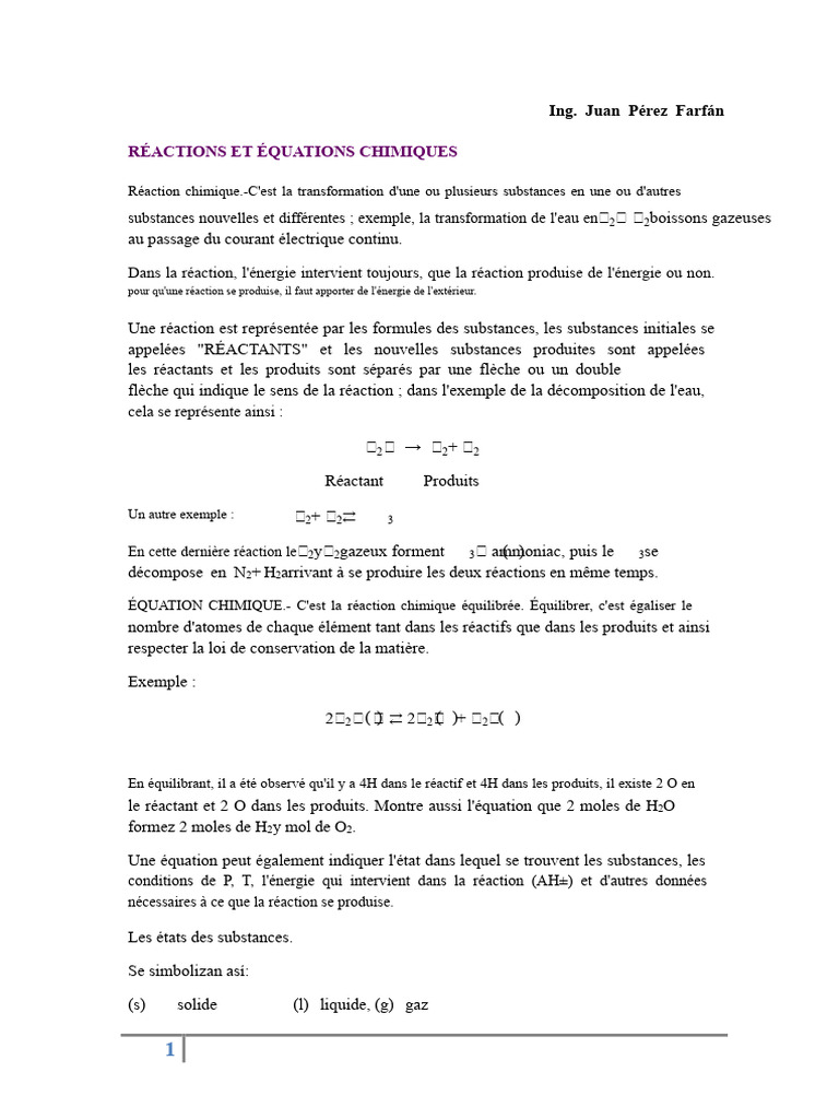 Réactions et Équations Chimiques Détaillées | PDF | Réactions chimiques ...