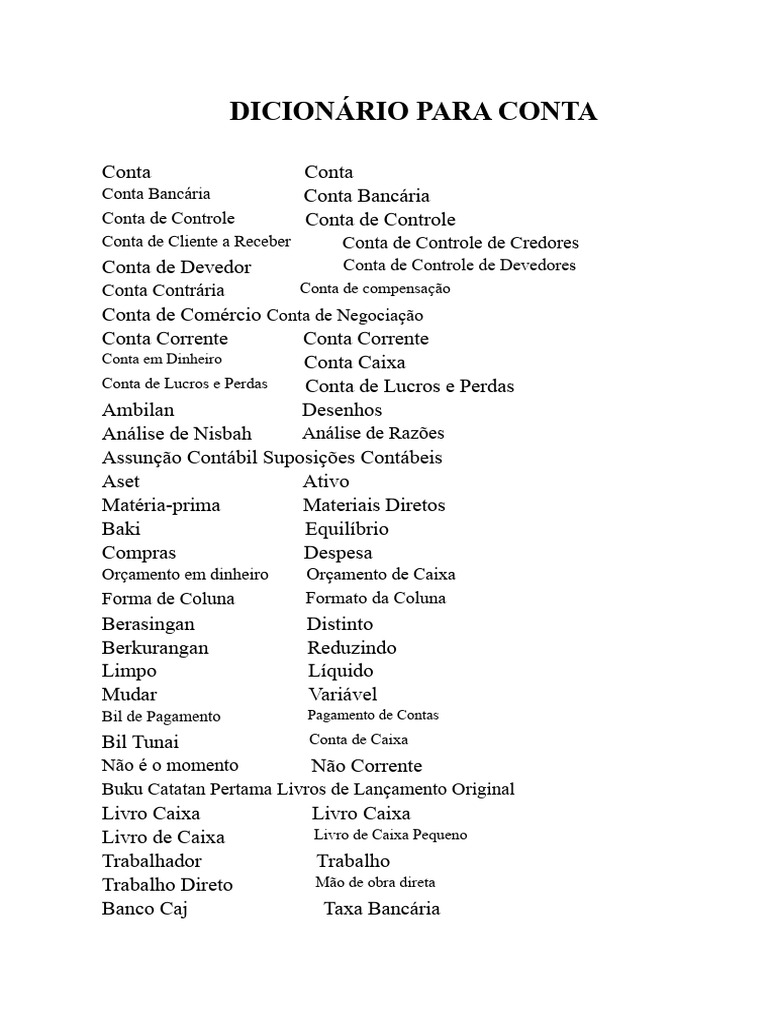Dicionário para Conta | PDF | Contabilidade | Conta de transação