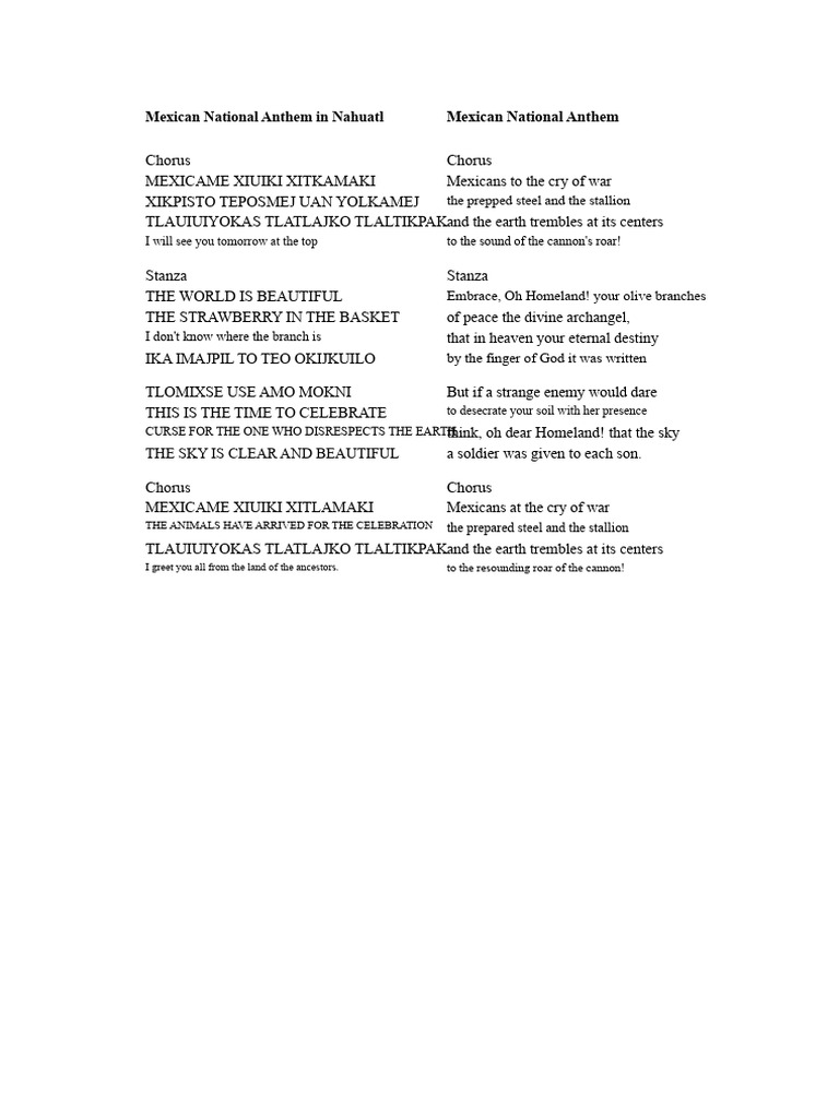 Nahuatl Version of Mexican Anthem | PDF
