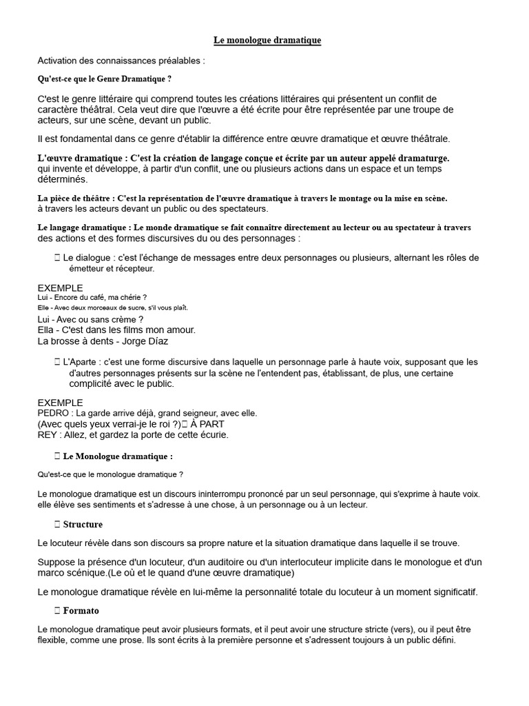Monologue Dramatique : Définition et Structure | PDF | Théâtre | Monologue