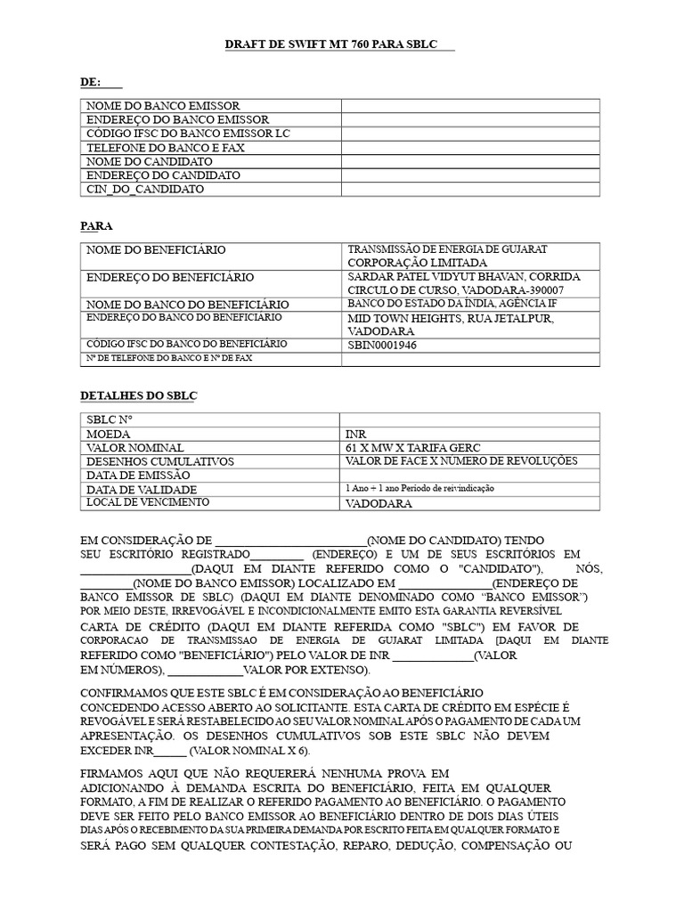 Modelo de SWIFT MT 760 para SBLC | PDF | Crédito | Finanças e ...