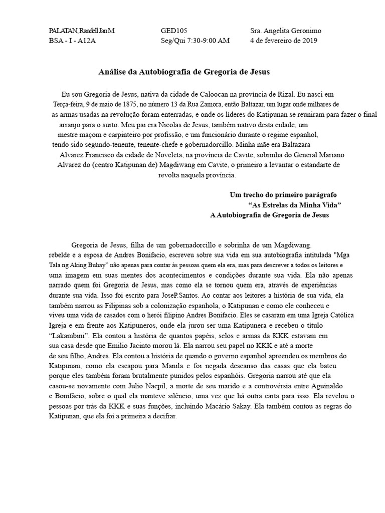 Autobiografia de Gregoria de Jesus | PDF | Filipinas