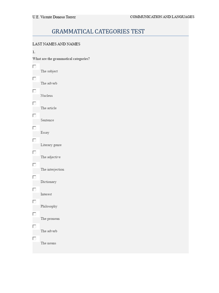 Grammatical Categories Test. 1ST | PDF | Adverb | Grammatical Gender