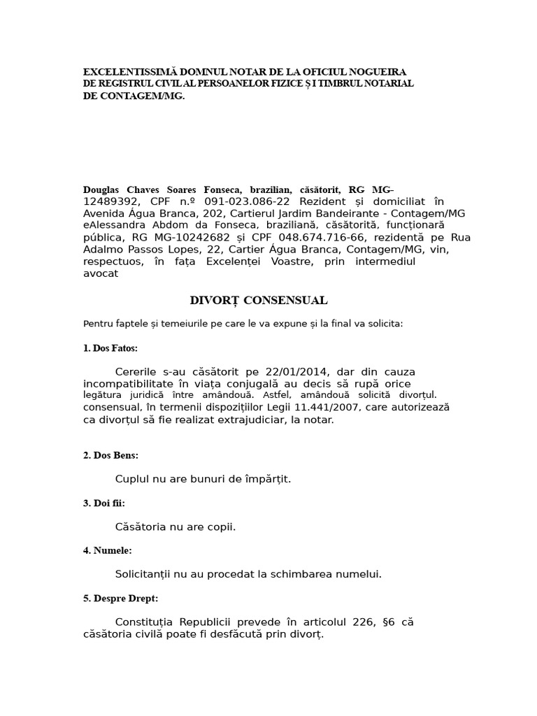 Model Cerere de Divorț La Oficiul de Stare Civilă | PDF