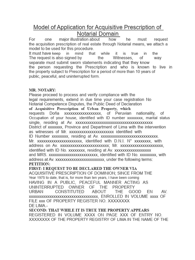 Model for Acquisitive Prescription Request | PDF | Notary Public | Property