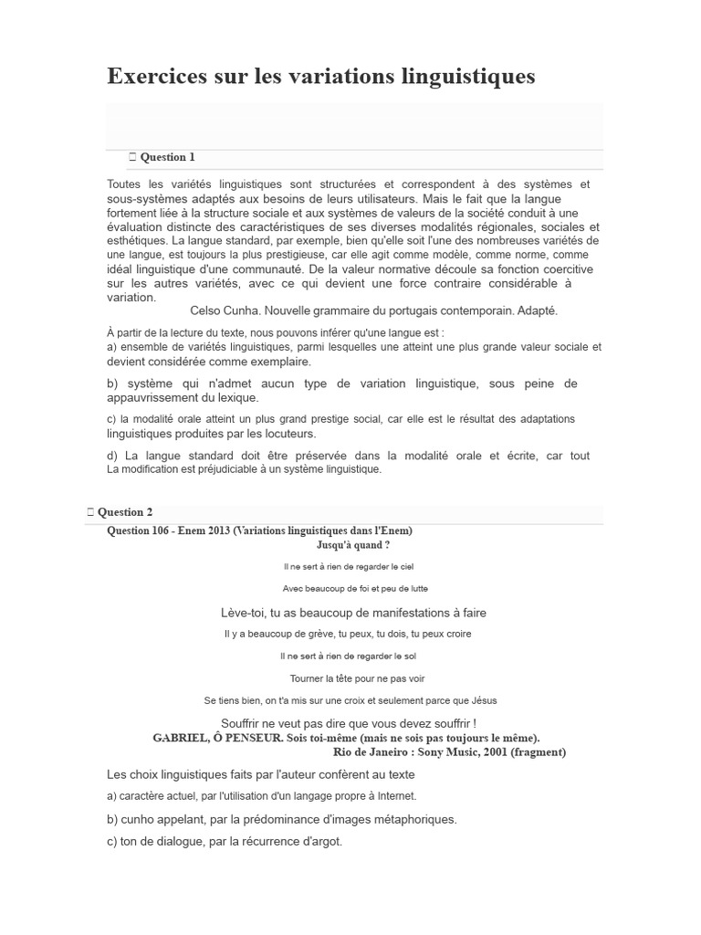 Exercices sur les variations linguistiques | PDF | Portugais | Lexique