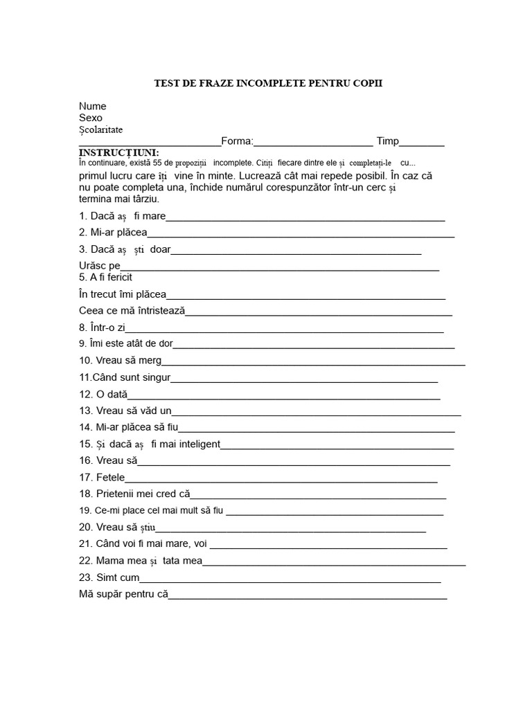 Test de Fraze Incomplete Pentru Copii | PDF