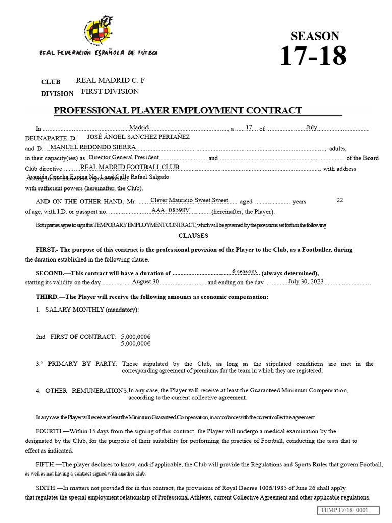 Professional Football Player Contract | PDF | Collective Agreement ...