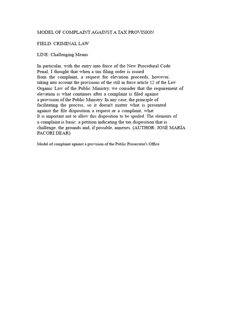 Tax Provision Complaint Model Guide | PDF | Complaint | Prosecutor