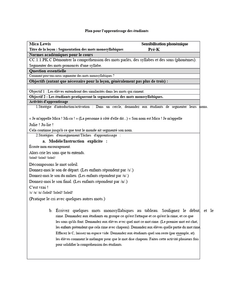 Plan de Leçon Pour La Conscience Phonémique | PDF | Syllabe