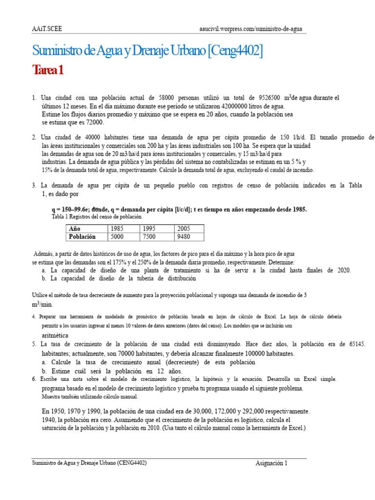 Ws Tarea 1 | PDF | Agua | Microsoft Excel